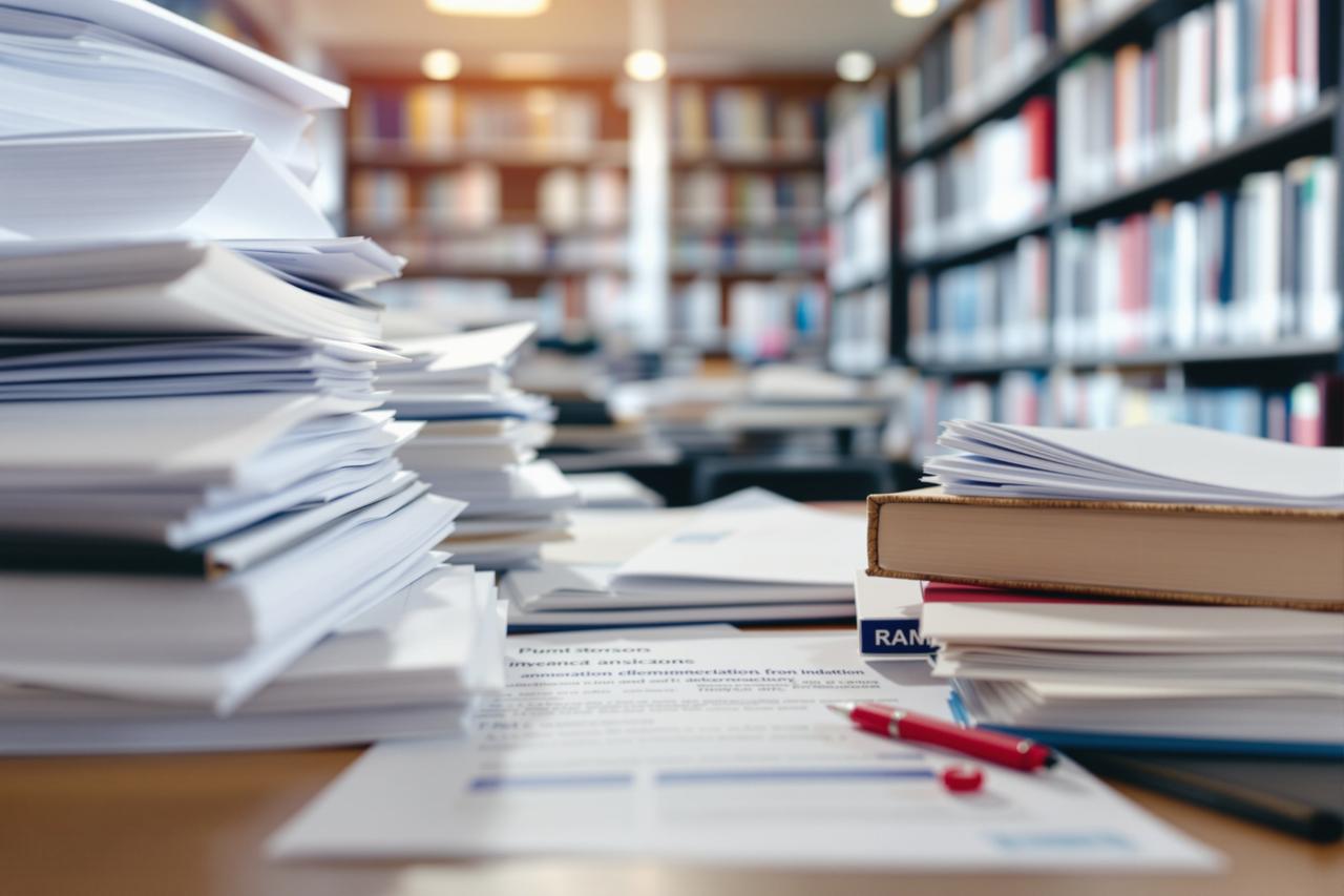 大学图书馆中堆放的学术论文和文件照片